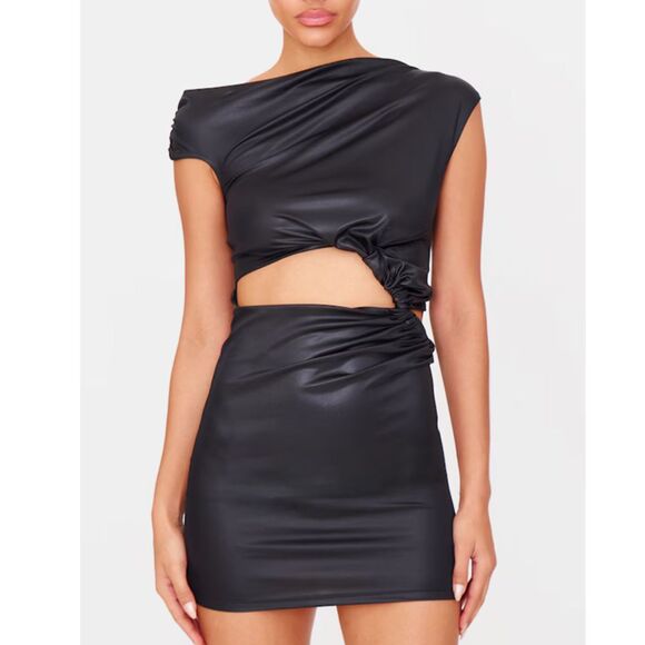 NWT PrettyLittleThing Black Foil Cut Out Twist Mini Dress - Picture 1 of 5